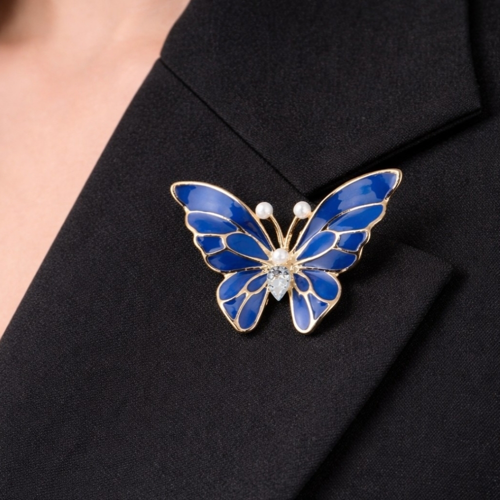 Royal Blue Enamel Butterfly Brooch Pin | Gold Tone + Pearls + Rhinestone